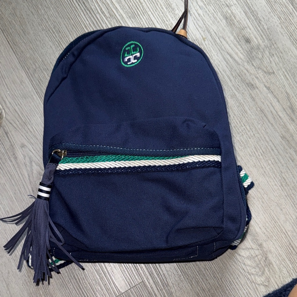Tory Burch Navy Blue Backpack with Green Accents